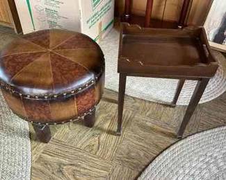 Round Leather Footstool With Wooden Legs And Ethan Allen Wooden Side Table