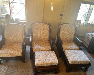 02 3 Stitched Floral Dark Wood Armchairs