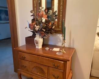 Queen Anne Chest of Drawers, Antique Mirror, Vases, Silk Flowers