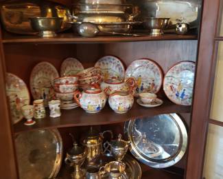 Antique Oriental China, Sliver Plate Serving Trays, Tea Set, Henkel Harris Corner China Cabinet