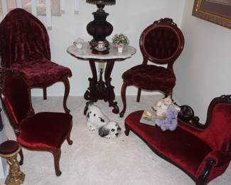 red chairs, dog, doll/child settee