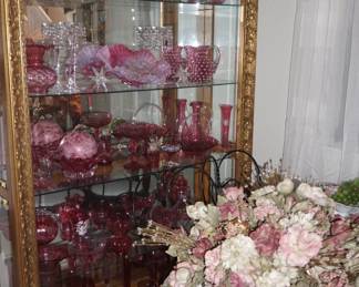 display cabinet, red glassware