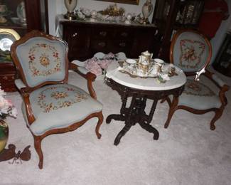 parlor chairs, marble top table