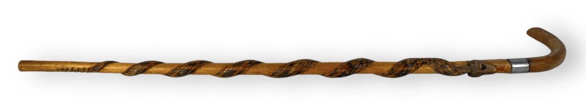 Folk Art Wood Cane Rattlesnake Motif