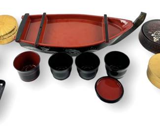 Assorted Japanese Lacquer Vessels & Sushi Boat