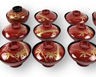 Group of Japanese Red/Black Lacquer Rice Bowls