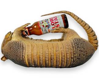 Armadillo Taxidermy Holding Beer Bottle