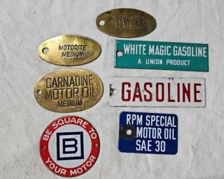 #2320 • 3 Brass and 4 Porcelain Oil and Gasoline Tags
