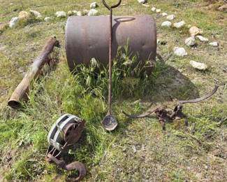#1308 • Vintage Garden Roller Water Filled, Pully, Exhaust Pipe, Clamp and Forge Tool
