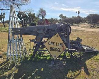 #1012 • Wooden Wagon Sifter One Lane Bridge Sign and Windmill Stand
