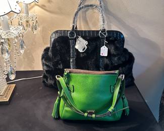 Large Faux Fur & Leather Tote & green Dooney & Bourke leather handbag