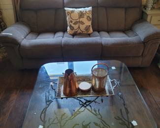 Power Recliner Sofa, Cast Iron and Glass Coffee Table