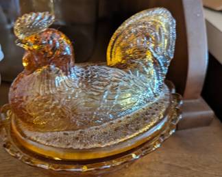 Look at the vintage glass hen candy dish.