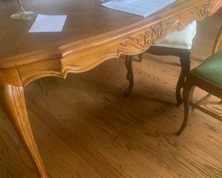 Solid oak dining room table with two leaves. Matching buffet available. Message sender to pick up before sale 