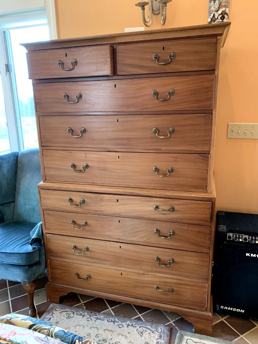#18	Wood Tall Chest of 8 Drawers - 46x23x38-72  (top 5 drawers separate piece)	 $375.00 			
