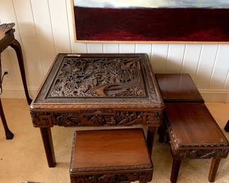 #43	Chinese 19th Century Folding Hardwood Carved Low Table w/4 folding Stools - 29sq x 20	 $300.00 			
