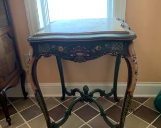 #6	Marble Top Hand-painted End Table w/sides and legs carved Florals - 21sqx28	 $200.00 			
