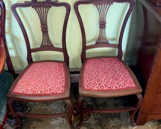 #63	Set of 2 Wood Odd Dining Chairs w/red upholstered Seats w/Carved Back w/q/a legs 	 $75.00 			
