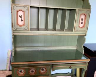 #83	BDR4	Faux Painted Green & Gold Stanley Desk (2 pcs) w/glass protect top w/4 drawers w/hutch w/2 doors & Cubbies - 48x18x30-73	 $200.00 			
		
