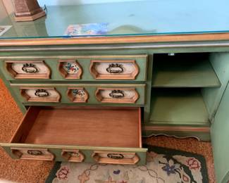 #83	Faux Painted Green & Gold Stanley Desk (2 pcs) w/glass protect top w/4 drawers w/hutch w/2 doors & Cubbies - 48x18x30-73	 $200.00 			
