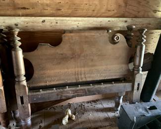 #185	antique rope bed 51 wide full size short turned rails with side rails 	 $150.00 			
