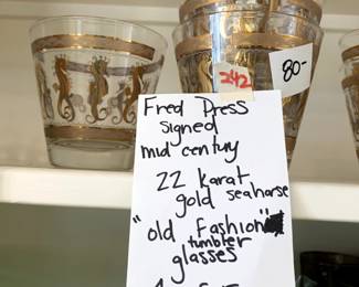#241	Fred Press Signed Mid-Century 22K Gold Seahorse Cocktail Glasses Set of 4	 $80.00 			
#242	Fred Press Signed Mid-Century 22K Gold Seahorse Cocktail Glasses Set of 4	 $80.00 			
