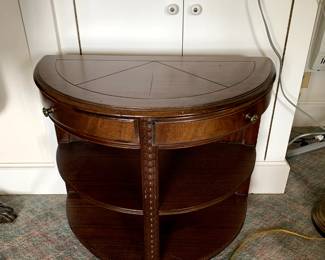#102	Half-Round Entry Table w/2 swing open drawers & 2 shelves - (as is 2nd drawer need repair) 26x14x23	 $75.00 			
