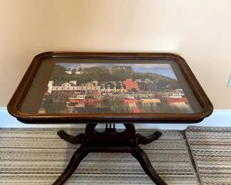 #20	Harp Shaped Glass top display Table (top glass removes)  18x26x19	 $75.00 			
