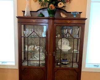 #1	Antique 1 piece Display Cabinet w/2 glass doors w/q/a legs (4 shelves) 4'x15Dx69T w/antique glass	 $200.00 			
