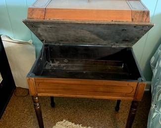 #85	Wood Desk w/3 separate compartments - Base Storage 26x16x6T w/metal Tray, Good Hinges , Top has flip-front & Flip-Top - Overall 27x16x38	 $225.00 			
