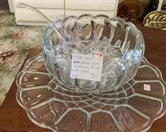 #238 Clear Glass Punch Bowl w/Stand 8 Cups and Ladle	 $50.00 			
	
