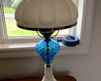#94	Milk-Glass Base & Top Lamp w/Blue Glass Center - 24" Tall	 $75.00 			
