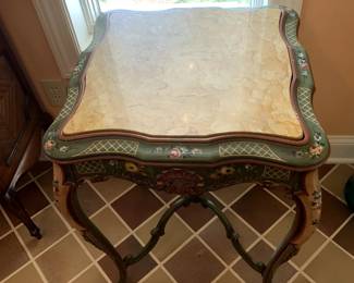 #6	Marble  Top Hand-painted End Table w/sides and legs carved Florals - 21sqx28	 $200.00 			
