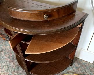 #102	Half-Round Entry Table w/2 swing open drawers & 2 shelves - (as is 2nd drawer need repair) 26x14x23	 $75.00 			
