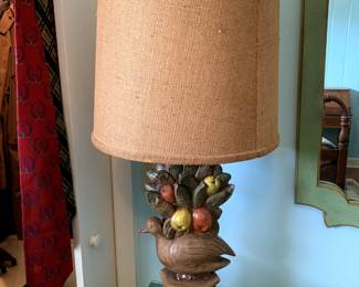 #86	Ceramic Fruit & Bird Lamp w/burlap shade - 32" tall	 $75.00 			
