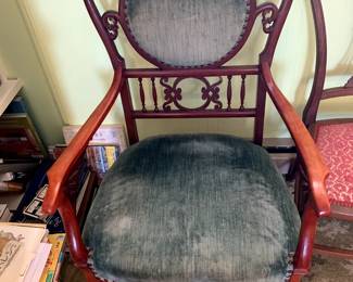 #64	Antique Side Chair w/Blue Velvet seat & back w/nail head Tri w/spring cushion seat	 $100.00 			
