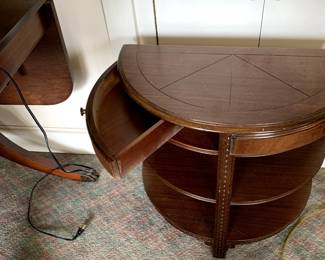 #102	Half-Round Entry Table w/2 swing open drawers & 2 shelves - (as is 2nd drawer need repair) 26x14x23	 $75.00 			
