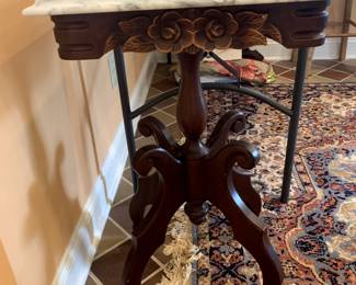#8	East Lake Marble Top End Table - w/rose Carved Front - 8.5x14x28	 $125.00 			
