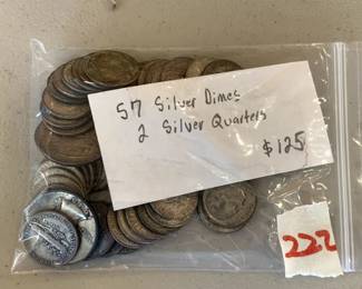 #222	57 Silver Dimes plus 2 Silver Quarters	 $125.00 			
