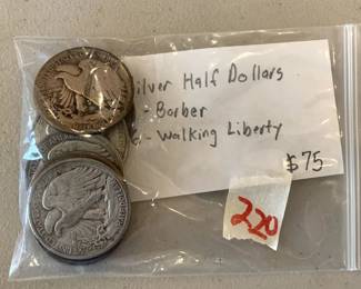 #220	7 Silver Half Dollars 1 Barber, 6 Walking Liberty	 $75.00 			
