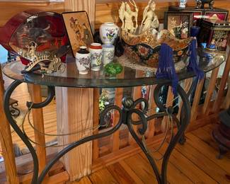 Wrought iron glass top Demi-lune table