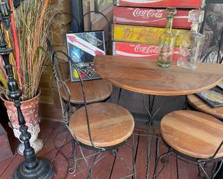 Soda fountain table & chairs, Coca-cola crates, cast iron lamp