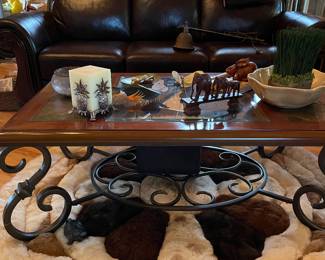 Leather camel back sofa, coffee table