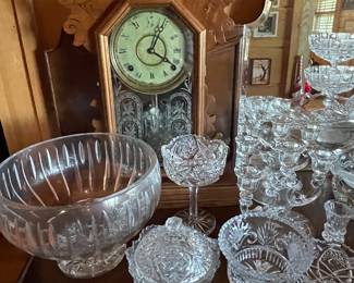 Antique clock & pressed/cut glass