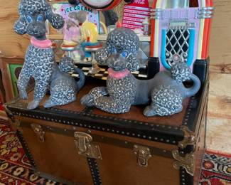 Child's trunk, soda fountain clock, ceramic poodles