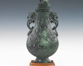 Chinese Carved Spinach Jade Lidded Vase with Buddhist Auspicious Symbols, on Carved Wood Stand 