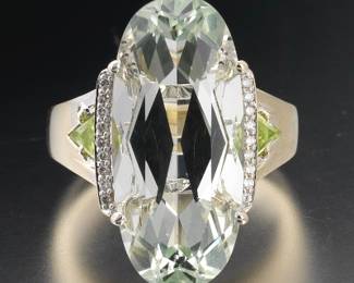 Ladies Gold, Green Quartz, Peridot and Diamond Ring 