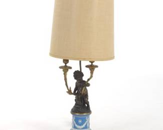 Antique DOre and Patinated Bronze Jasperware Cherub Candelabra Lamp