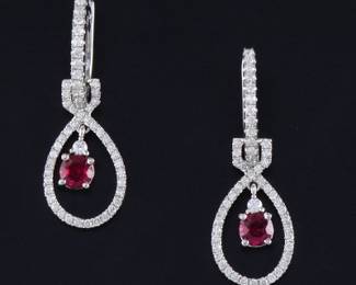 Ladies Pair of Gold, Ruby and Diamond Dangle Two in One Earrings 
