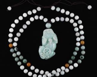 Chinese Carved Jadeite Jade Auspicious Temple Foo Lion with Lucky Coins and Jadeite Beads Necklace 